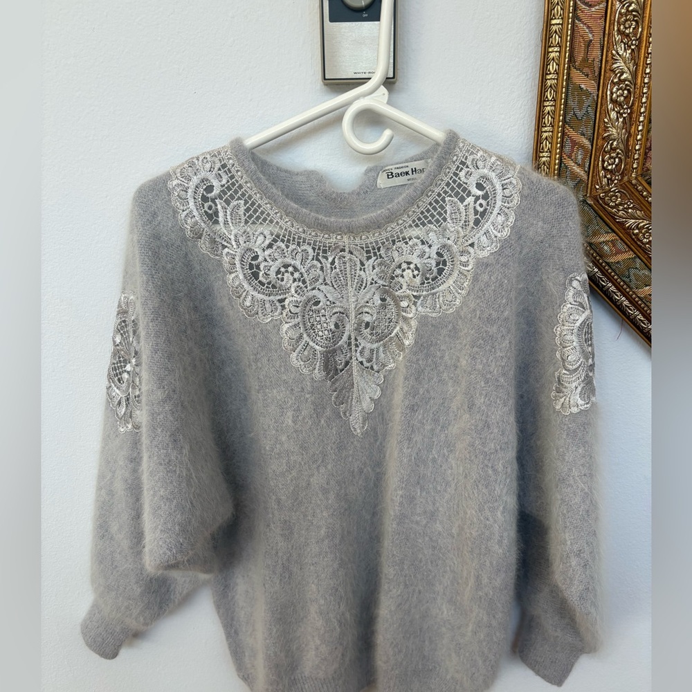 Chic Gray Sweater with Lace Accents